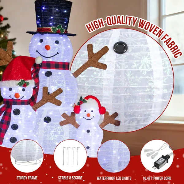 Set Of 3 Lighted Snowman Family Christmas Yard Decorations, 4FT 3FT 2FT Pre-lit Pull Up Snowman With 270 White LEDs, For Xmas Outdoor Holiday Indoor Decor Lighted Holiday Displays image 3