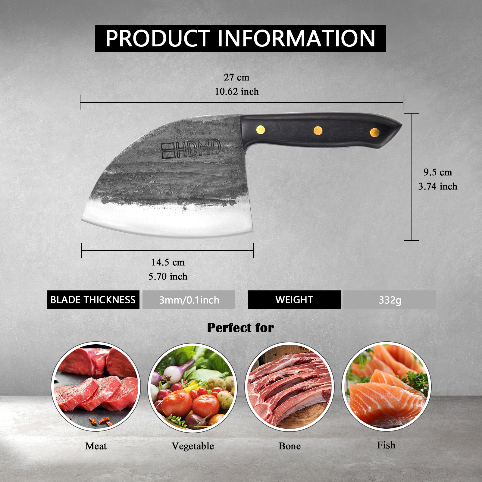 HDMD Meat Cleaver Knife - High Carbon Steel. High Quality Meat Cleaver This kitchen cleaver knife is real hand forged and made of high carbon steel, it's blade uses a V-shaped and fine processing blade, high hardness and wear resistant. Hand polished edge