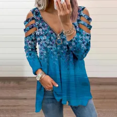 Small Floral V-neck Zipper Off-shoulder Long-sleeved Top - Blue - View 1