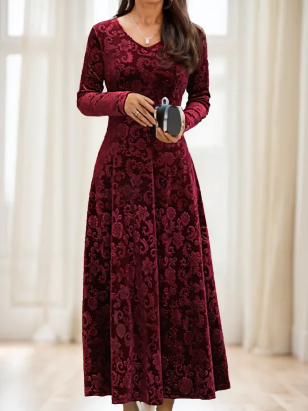Floral Paisley Pattern Velvet Dress Red - Shop at LoveMi