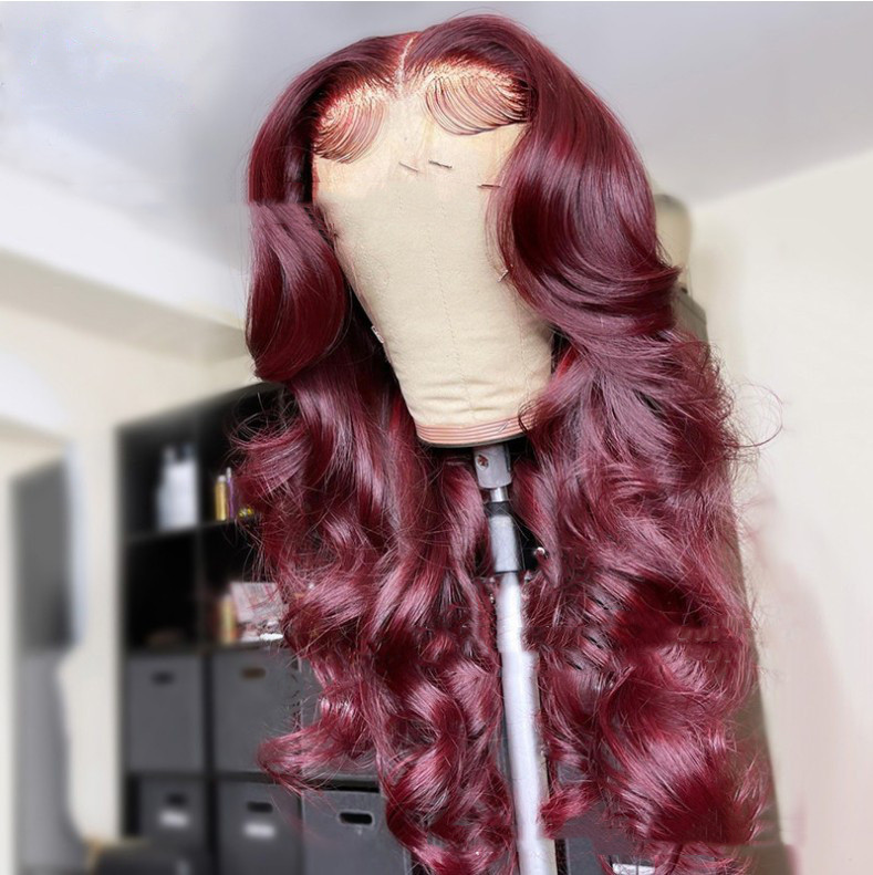 New Hot-selling Front Lace Synthetic Wigs Medium Points Wine Red Long Curly Hair — foto 4