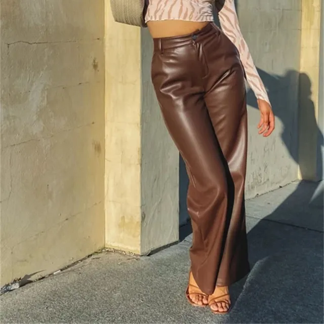 PU Trousers High Waist Loose Wide leg Leather Pants Casual Trousers Brown - Shop at LoveMi
