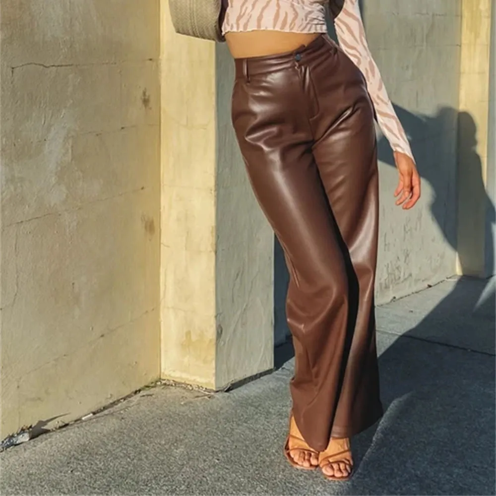 PU Trousers High Waist Loose Wide-leg Leather Pants Casual Trousers - Brown