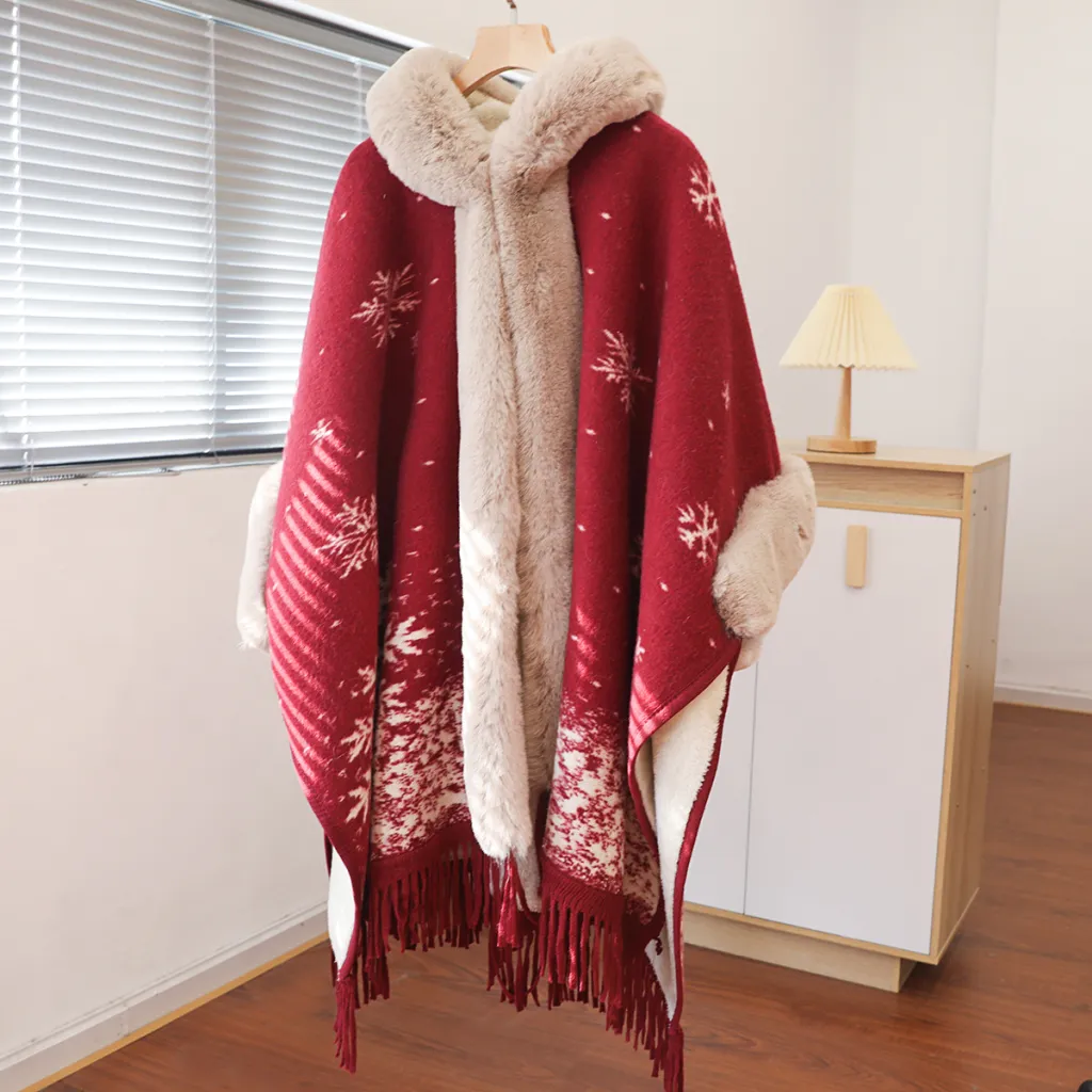 Knitted Shawl Coat Cloak Thickened - Red