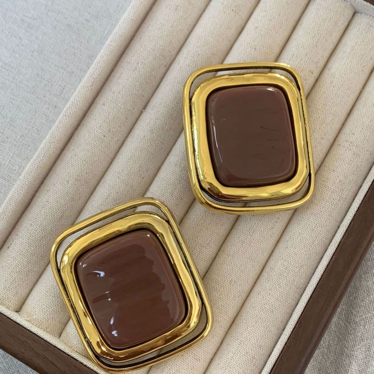 Vintage Black & Gold Square Earrings, Retro Bold Gold-Plated Clip On Earrings