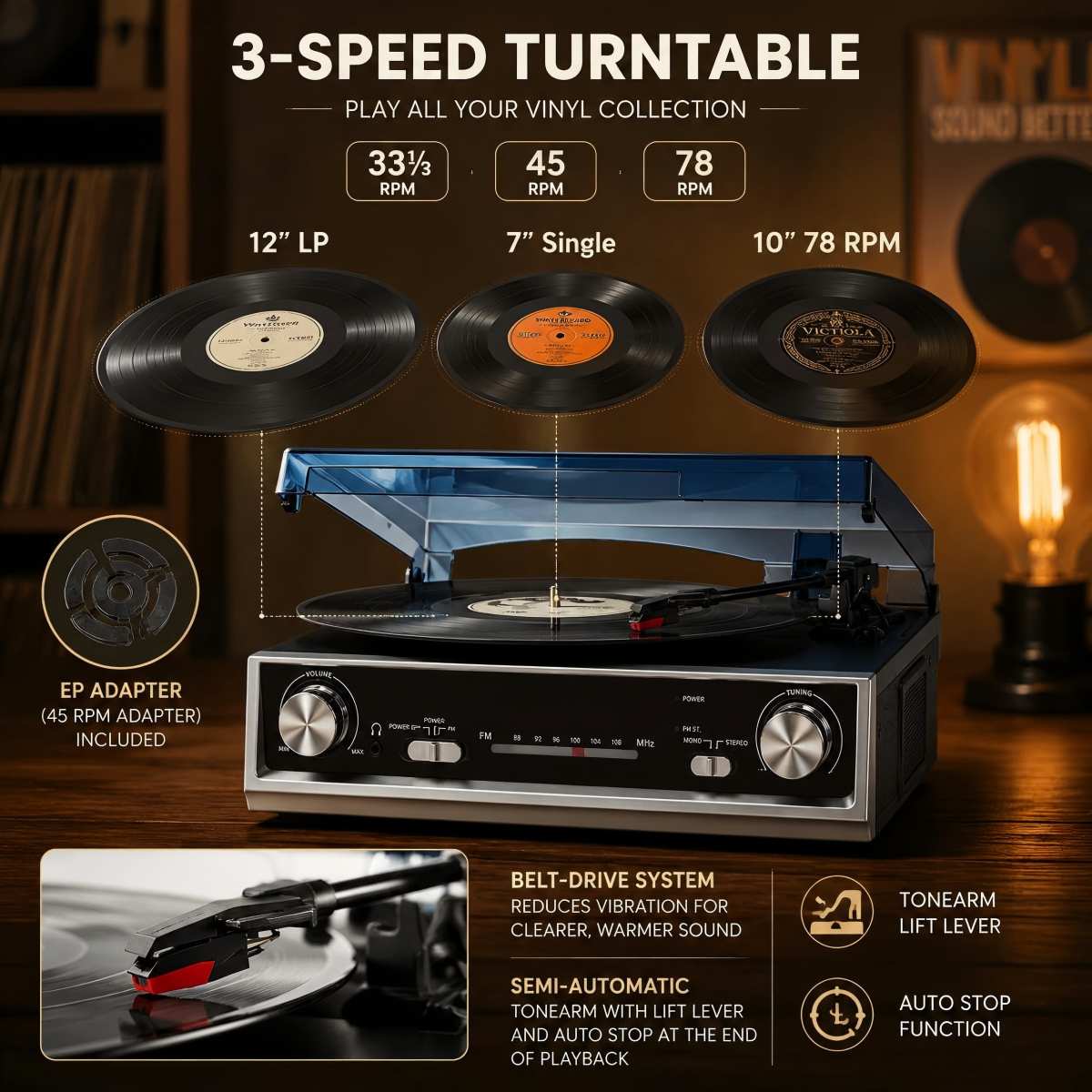 Vinyl Record Player Turntable Bluetooth 3 Speed Built-in Speakers Retro Portable Turntables & Vinyl Audio — foto 3