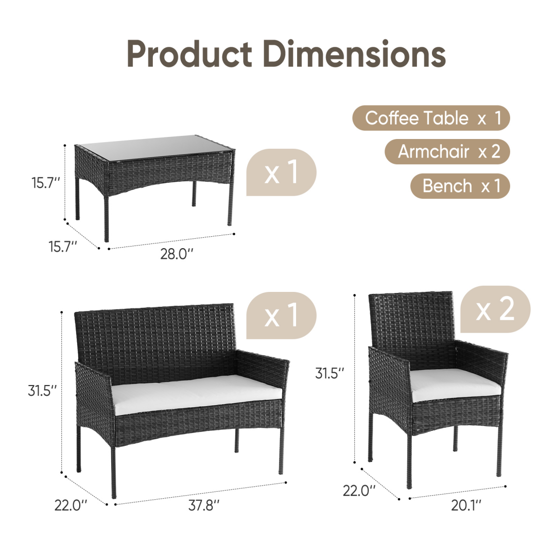 Four-piece Garden Furniture Set, Equipped With Detachable Cushions And Tempered Glass Coffee Table