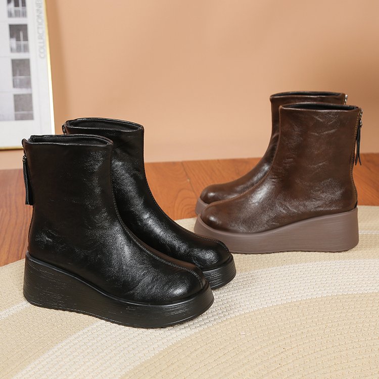 Retro Fashion And Comfortable Short Boots, New Round Toe Thick Sole Height Increasing Single Boot