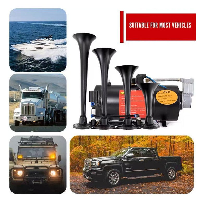 Air Horn Truck Train Horns Kit 12 Volt With Compressor 4 Trumpet 150db Black — image 10