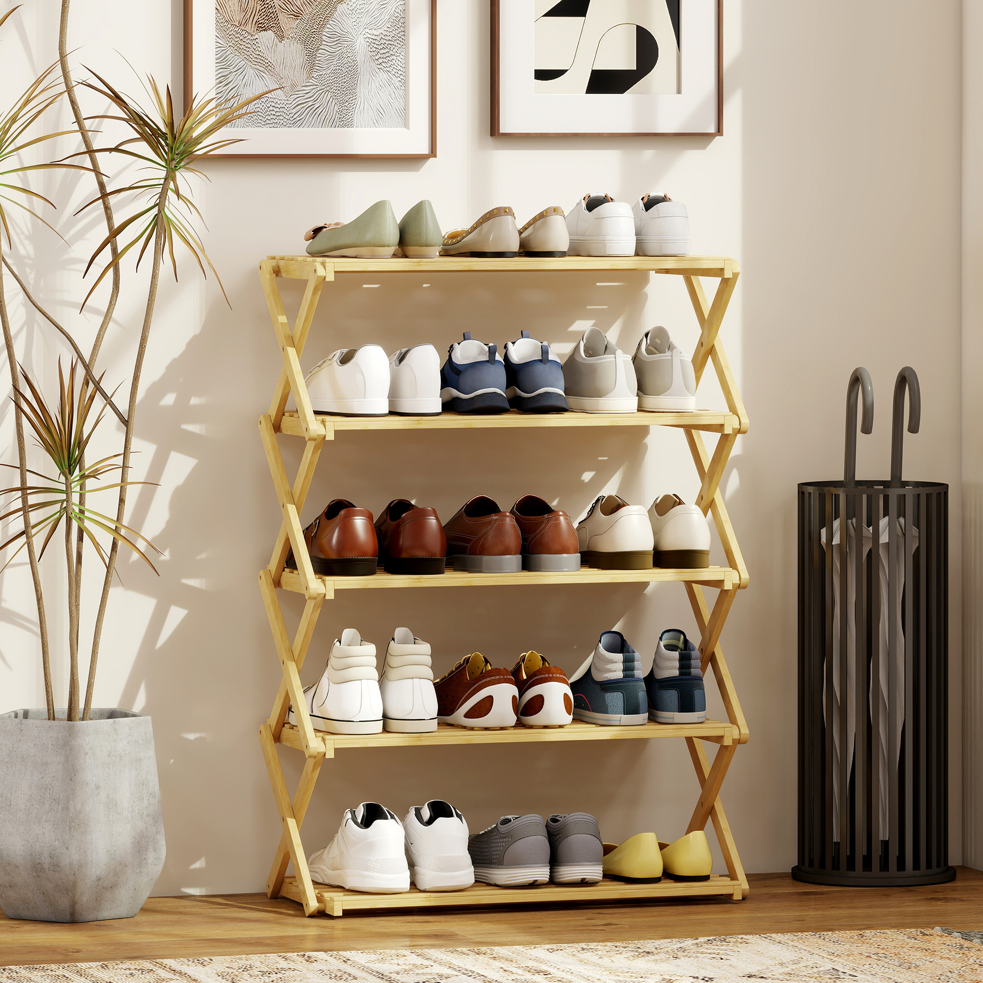 Three Layer Folding Bamboo Shoe Rack - Natural Color — image 9