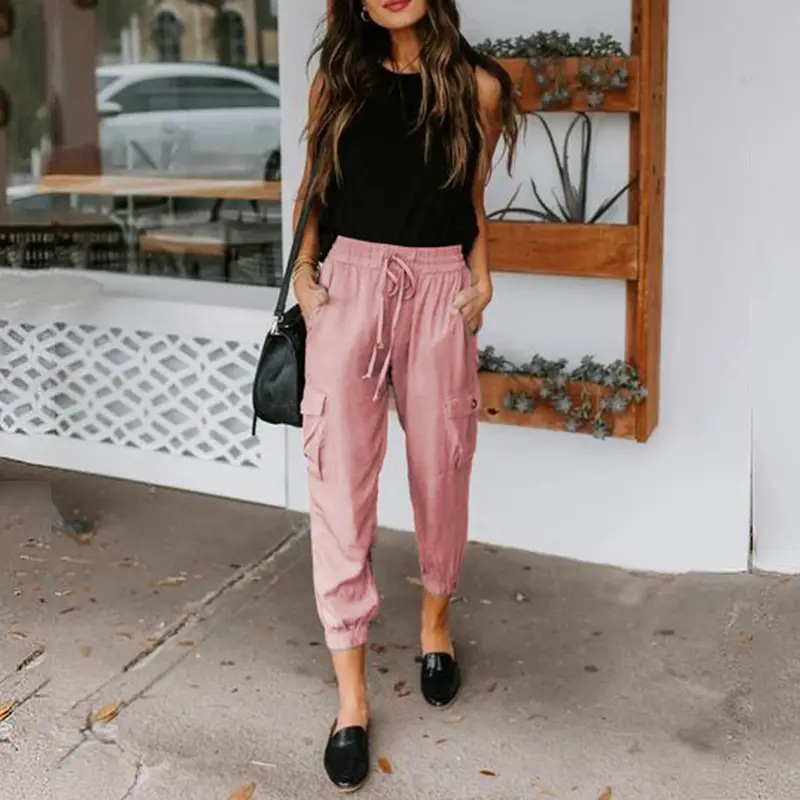 Solid Color Loose Casual Pants Pocket Drawstring Drawstring Pants