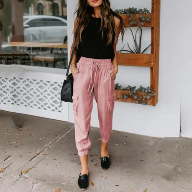 Solid Color Loose Casual Pants Pocket Drawstring Drawstring Pants Pink - Shop at LoveMi