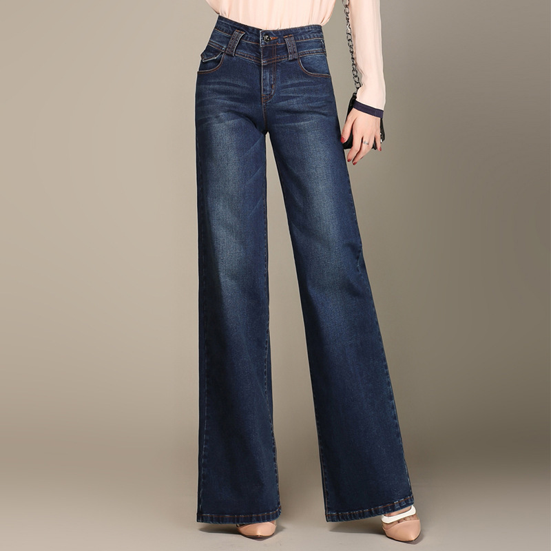 Spring And Autumn Women's Denim Straight Wide leg Casual Pants Navy - Shop at LoveMi