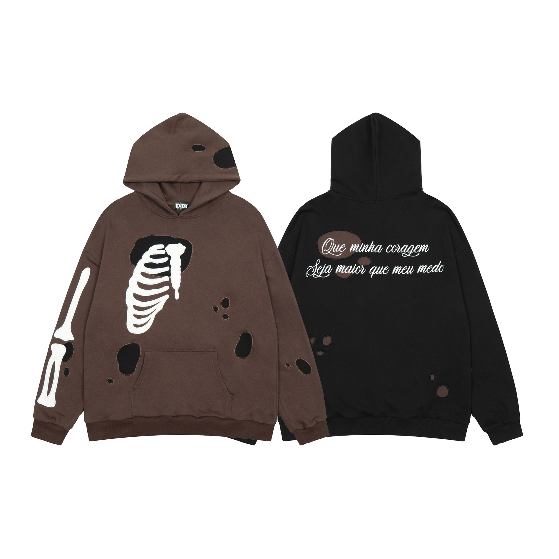 Men's Ripped Colorblock Bone Print Hoodie