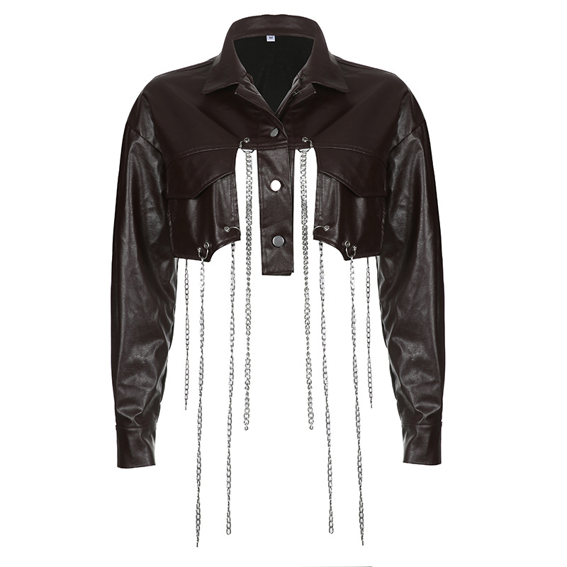 Solid Color PU Matching Suit Collar Button Cardigan Long Sleeve Brown - Shop at LoveMi