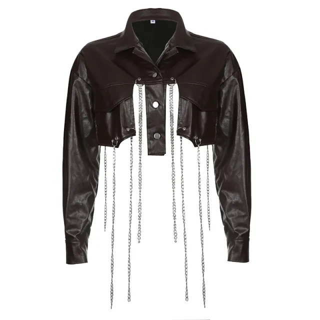 Solid Color PU Matching Suit Collar Button Cardigan Long Sleeve Brown - Shop at LoveMi