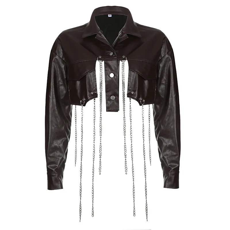 Solid Color PU Matching Suit Collar Button Cardigan Long Sleeve - Brown