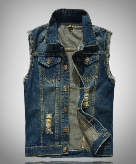 Cool New Korean Slim Fit Men'S Jeans Vest Men'S Light Vest Jacket Shoulder Trend Hole Large Vest Dark Blue - Shop at LoveMi