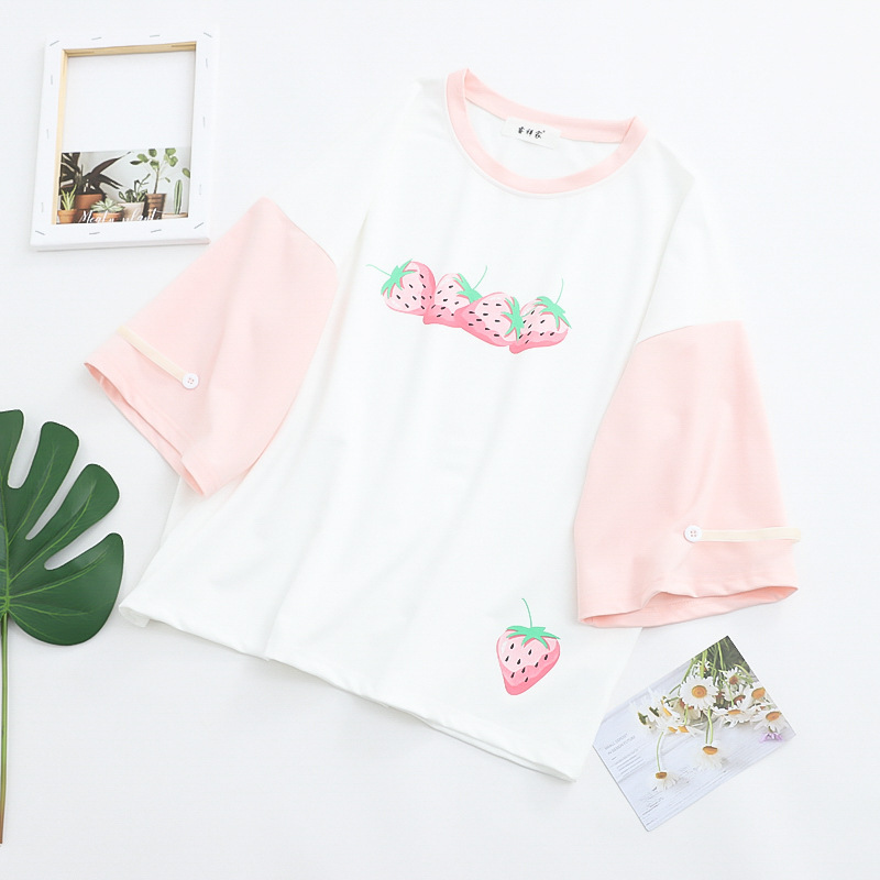 Sweet College Style Cute Little Strawberry Print Top Girly Summer Short-sleeved T-shirt