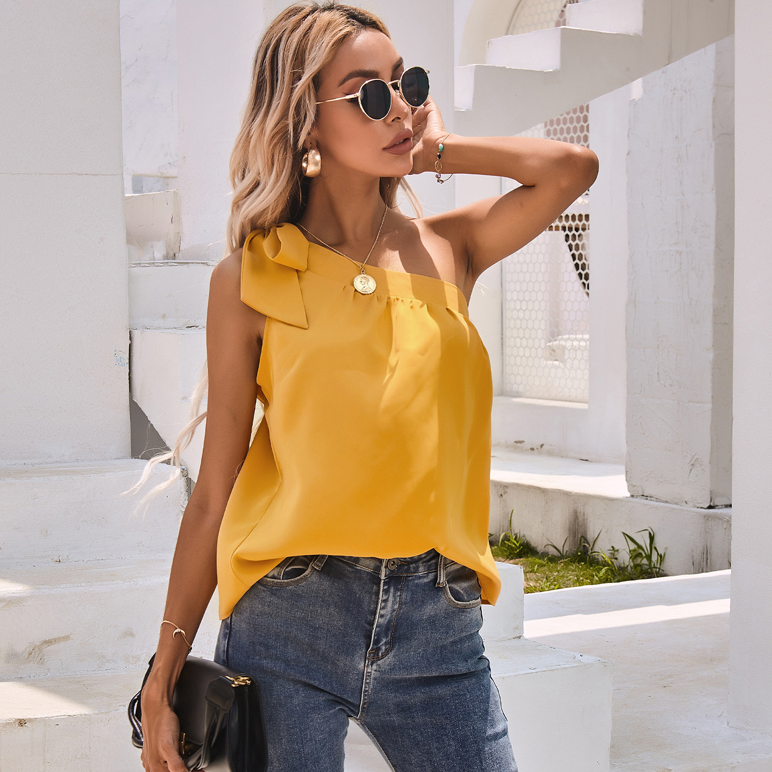 Women's Fashion Slanted Shoulder Bow Shirt Top