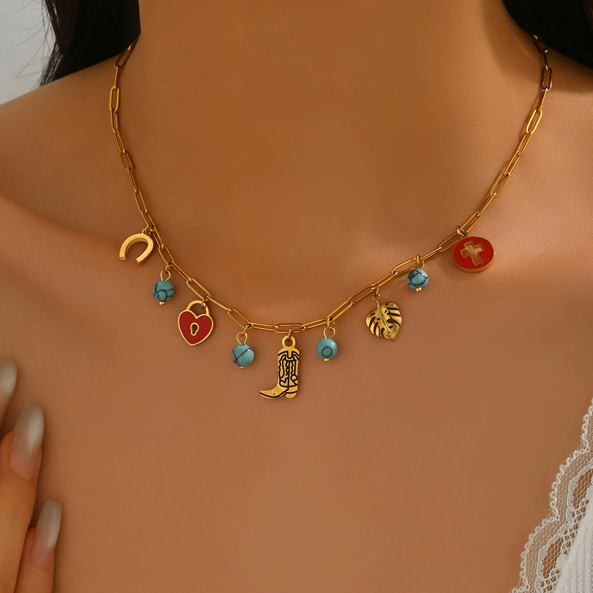 Trendy Cross-border European American Women Clavicle Necklace, Niche Geometric Enamel Drip Design Inlaid Synthetic Turquoise, Daily Neck Jewelry For L