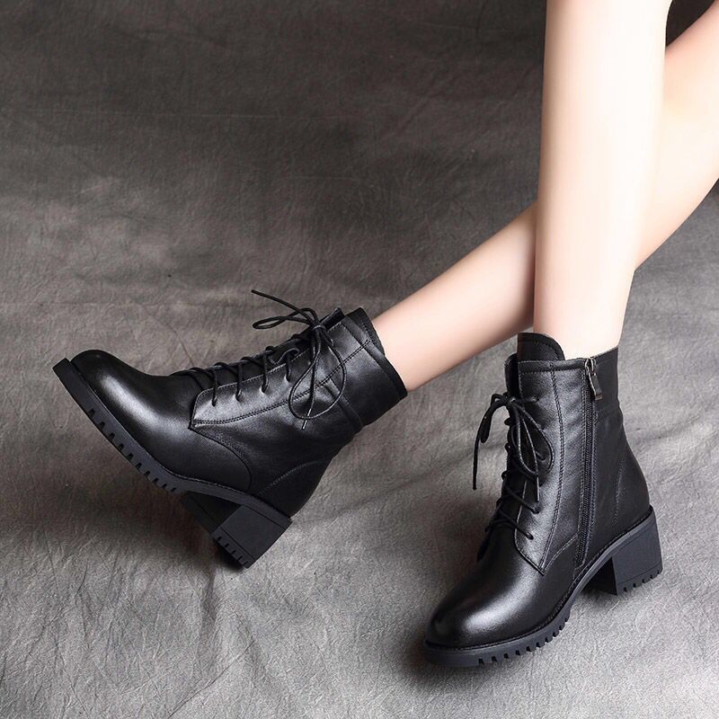 Soft Leather And Velvet British Style Thick Heel Short Boots All-match