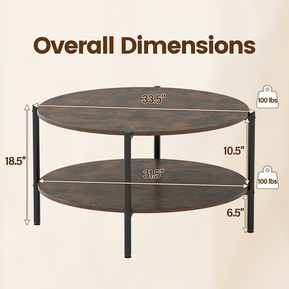 Round Coffee Table 2-Tier Industrial Accent Table With Open Storage Shelf With Adjustable Foot Pads For Apartments And Compact Spaces