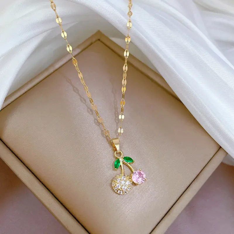 Cherry Micro-inlaid Real Gold Necklace Female Clavicle Chain