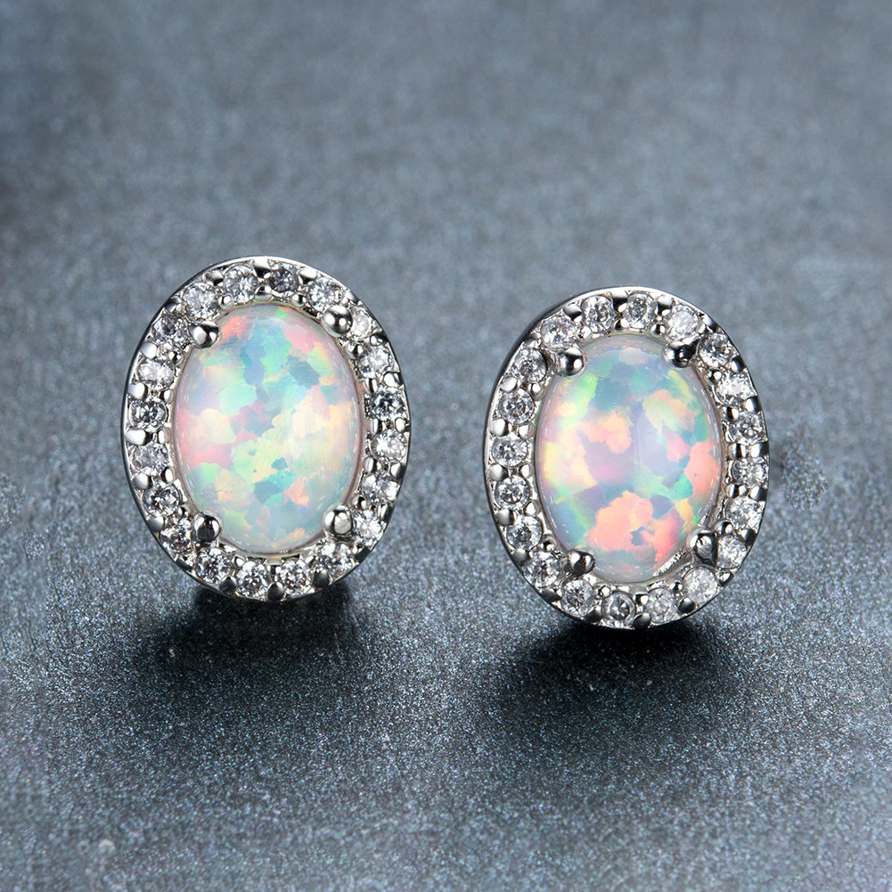 Title 6, Oval White Opal Edge White Small Diamond Studs