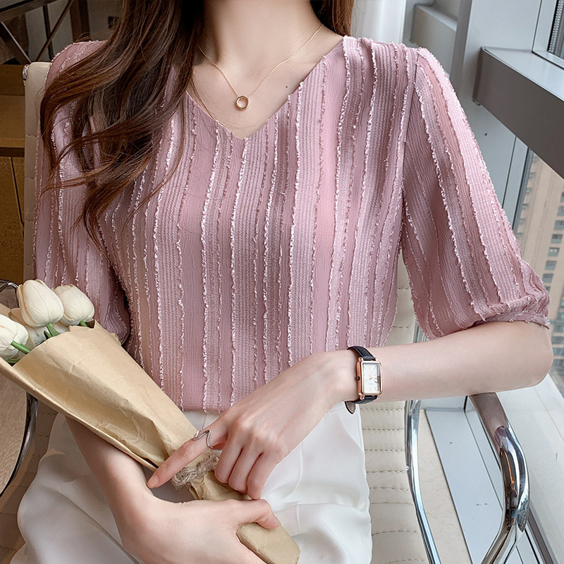 Ladies' New V-neck Pullover Fashion Slim Shirt