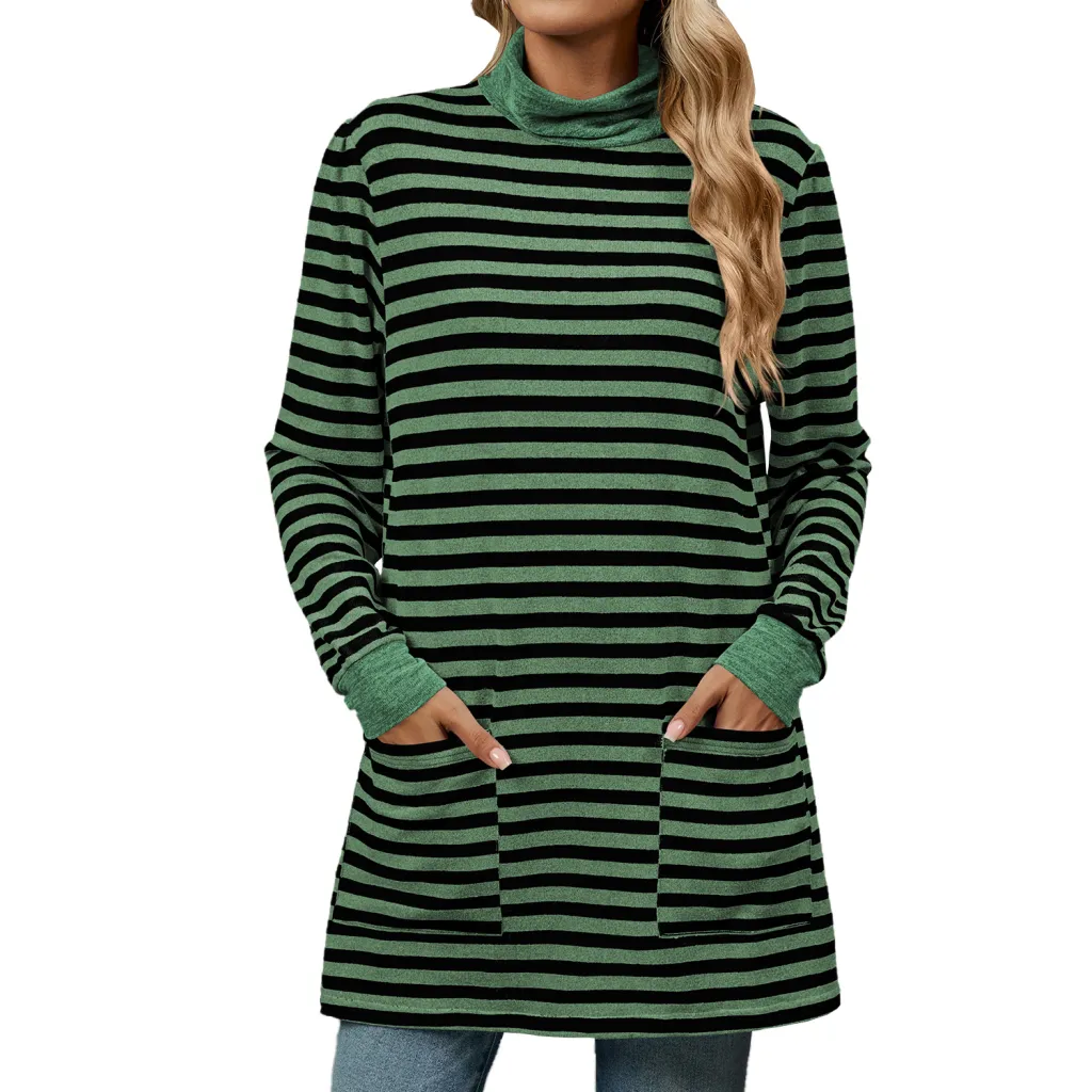 Fashion Striped Print Long Sweatshirt With Pocket Loose Long Sleeve Pullover T-shirt Top For Womens Clothing - Green