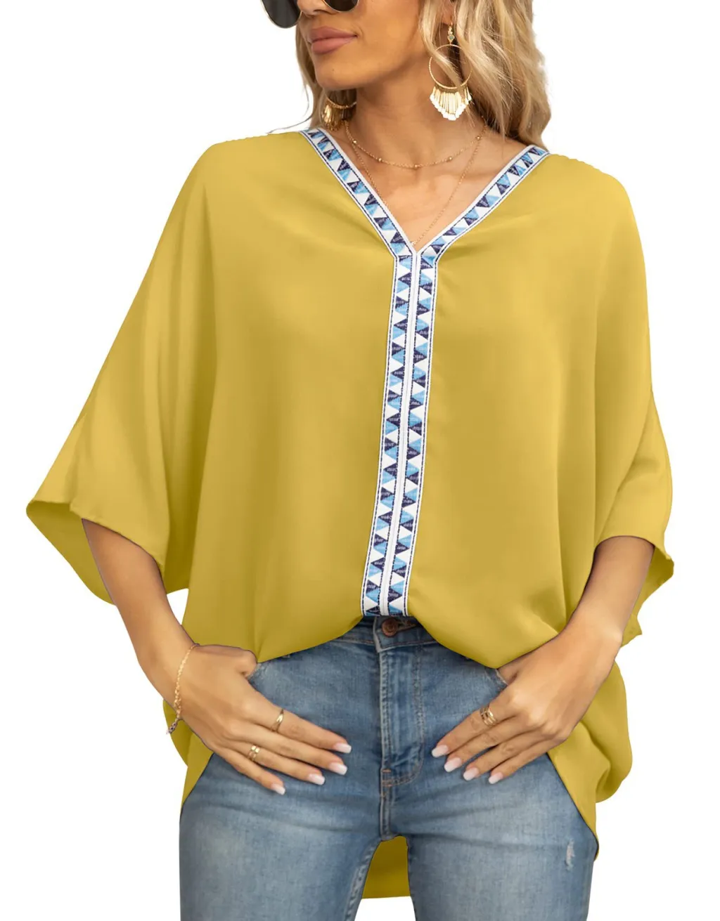 Summer Women's Bat Sleeve Chiffon V-neck Shirt - Yellow