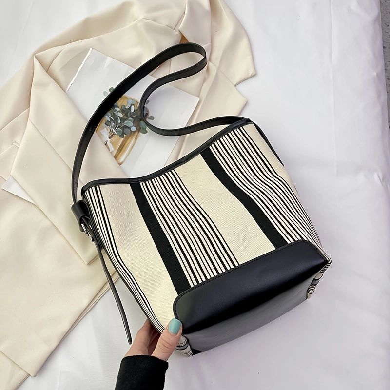 Black And White Striped Large Capacity Handbag