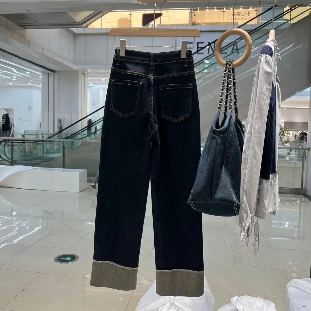 Women's Spring And Autumn Straight Leg Trousers With Curled Design Jeans Blue - Shop at LoveMi