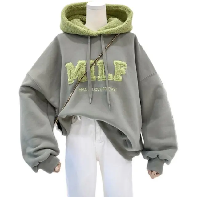 Sweater Female Letters Stitching Lamb Hair Plus Velvet Bf Wind Hood Green - Shop at LoveMi