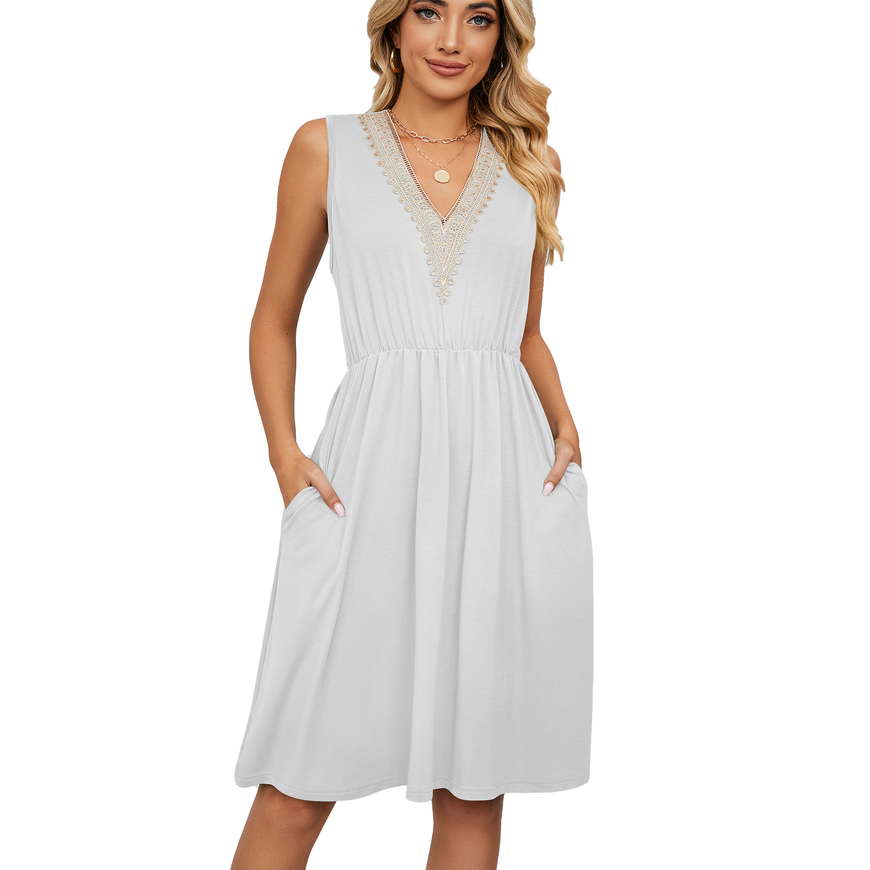 Lace Panel Sleeveless Dresss With Pocket V neck Dresses For Women White - Shop at LoveMi