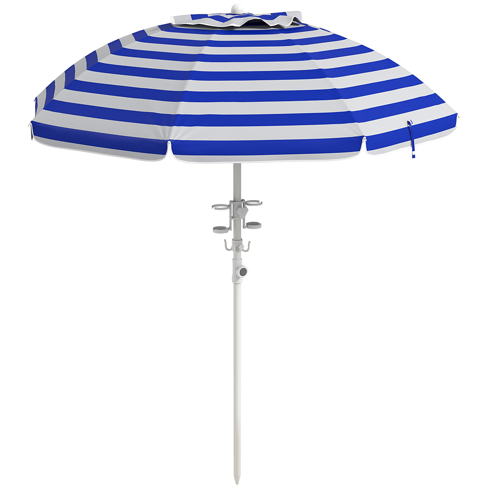 5.7' Beach Umbrella For Travel With Tilt, Adjustable Height, 2 Cup Holders, Hooks, Vent, Ruffles, Blue Stripe, Sapphire Blue