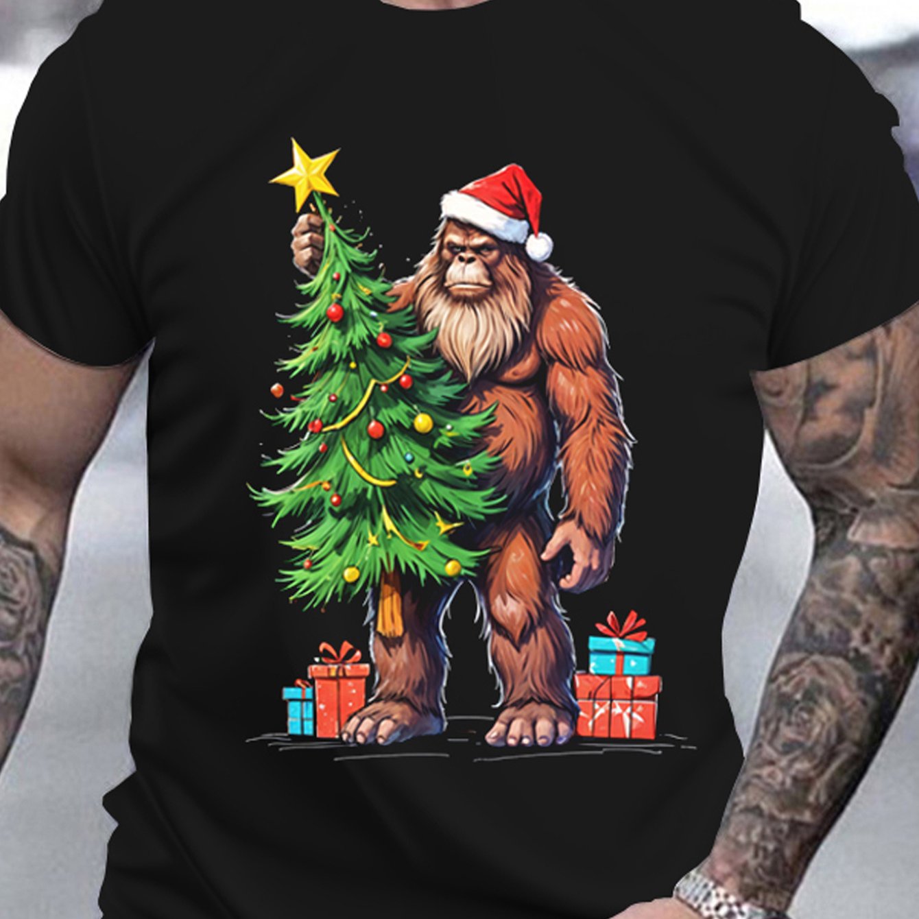 Men's Christmas Bigfoot 3D Printed T-shirt, Casual Round Neck Short Sleeve, Summ