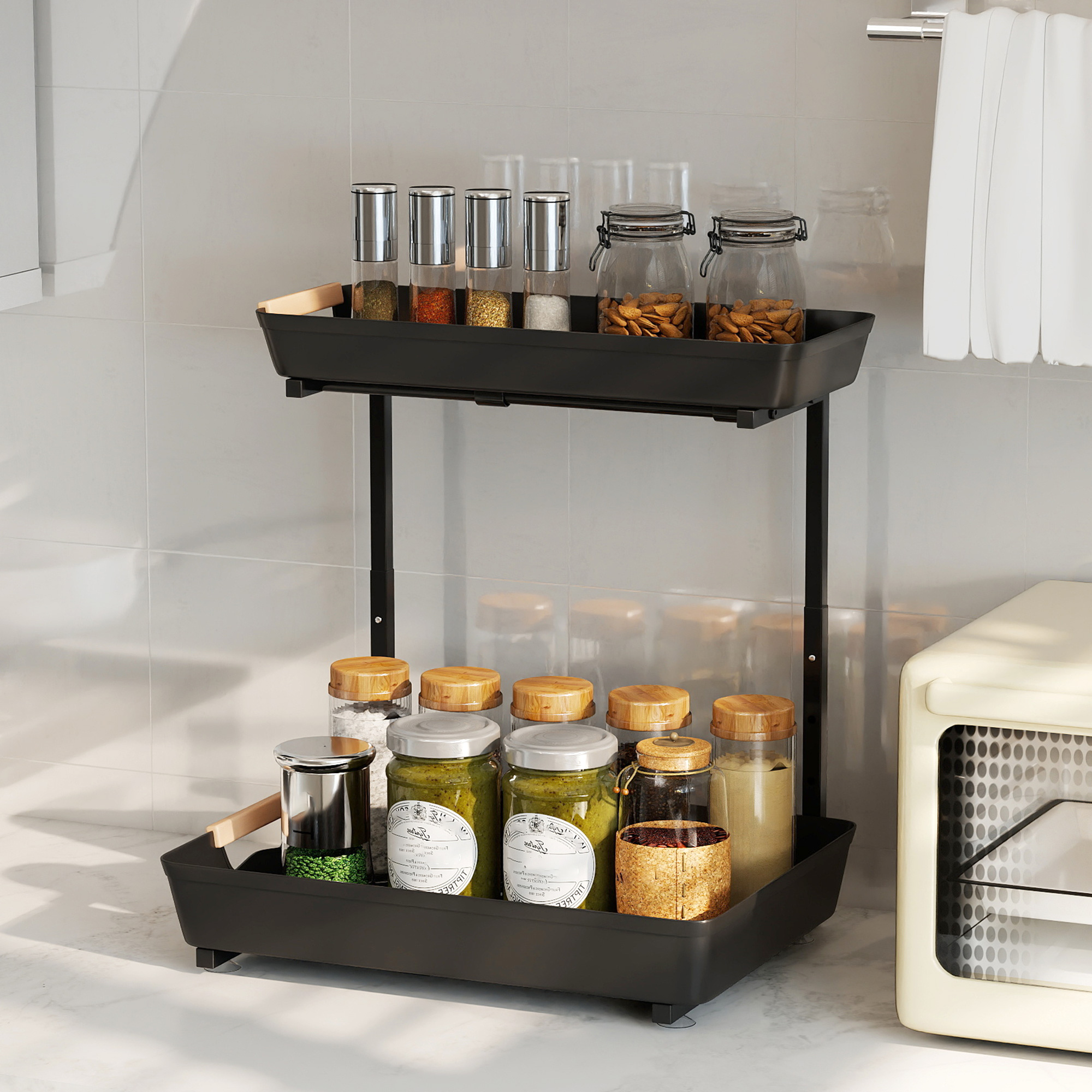Height Adjustable Kitchen Organizer 2 Tier Pull Out Baskets Metal Storage Rack Under Sink Countertop
