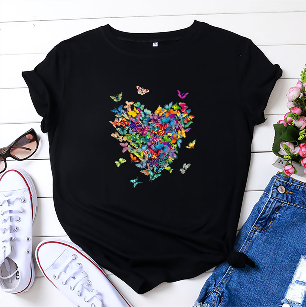 Women's Heart Butterfly Print Cotton Short Sleeve T-Shirt