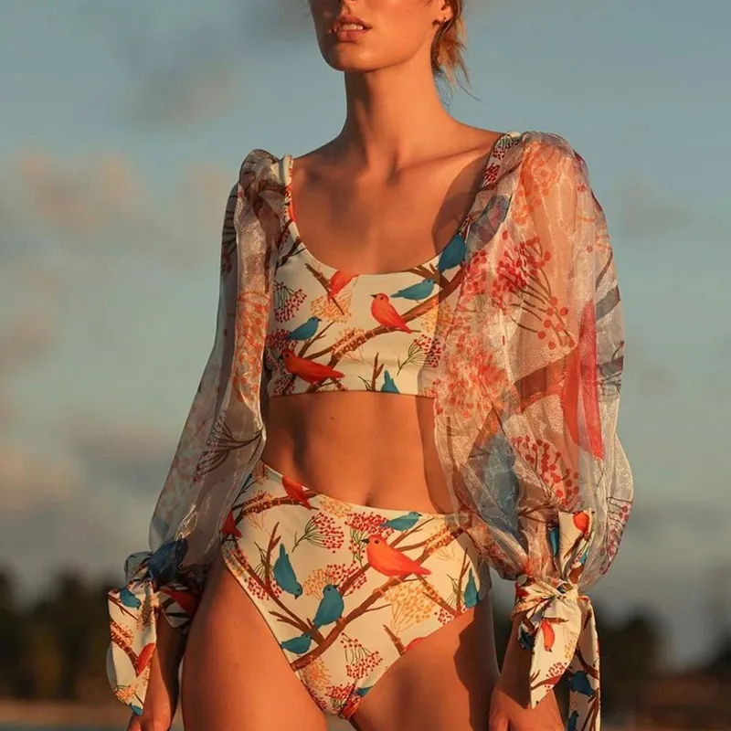 Long Sleeve Mesh Gauze High Waist Bikini Swimsuit - Print4-L