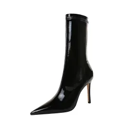 Women's Sexy Slim Shiny Patent Leather Stretch Ankle Boots - Black - View 1
