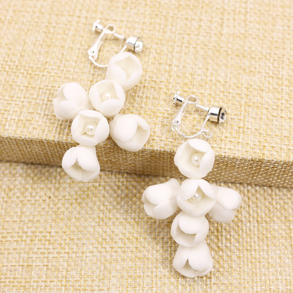 Title 2, White Ceramic Flower Ear Clip With Pearl Handmade