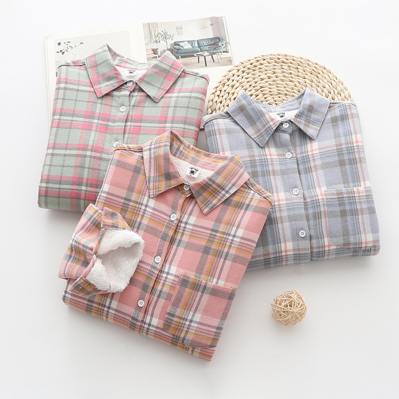 College Style Literary And Velvet Padded Plaid Shirt Women