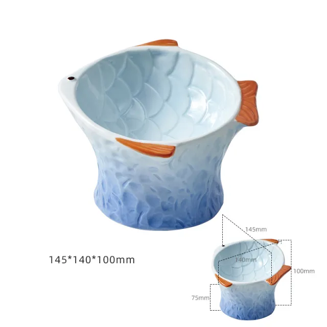 Ceramic Cat Feeder Fish Shape Elevated Bowls Shallow Angled Non Slip Whisker Fatigue Bowl Tilted Pet Feeder Blue - Shop at LoveMi