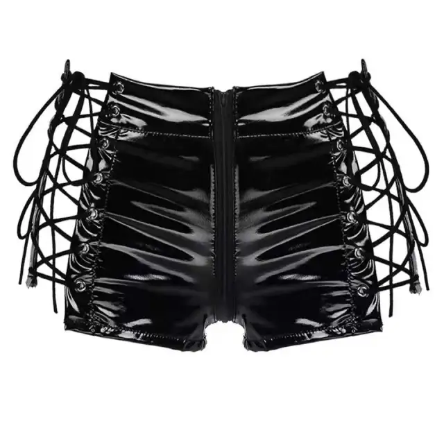 Women's High Shine PVC Patent Leather Zip Shorts Black - Shop at LoveMi
