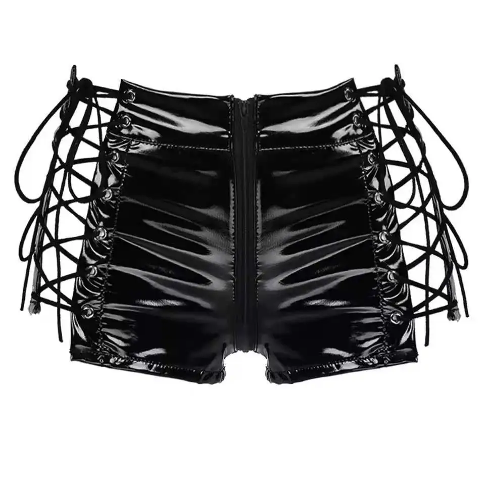 Women's High Shine PVC Patent Leather Zip Shorts - Black