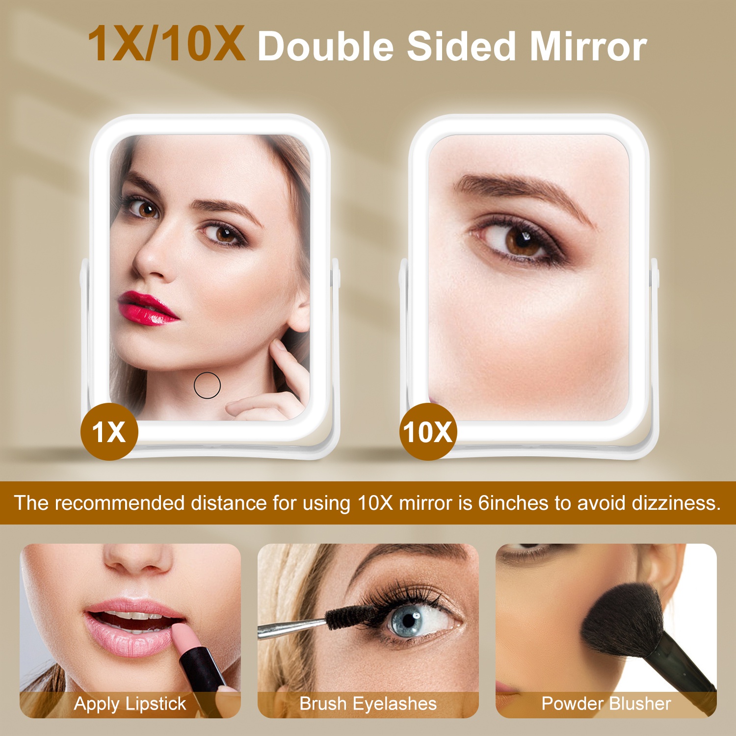 1Pc 10X Magnifying Lighted Makeup Mirror Double Sided Travel Makeup Mirror With 3 Light Colors Touch Screen USB Rechargeable 8