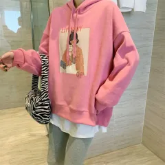 Loose Casual Thick Embroidered Cartoon Hooded Sweater Women - Pink - View 1