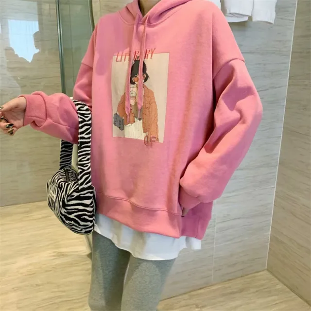 Loose Casual Thick Embroidered Cartoon Hooded Sweater Women Pink - Shop at LoveMi